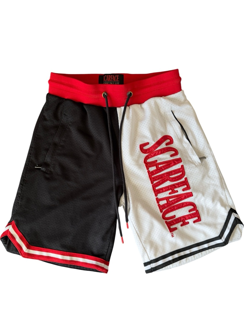 Scarface Men's Two-Tone Black & White Athletic Shorts with Red Waistband
